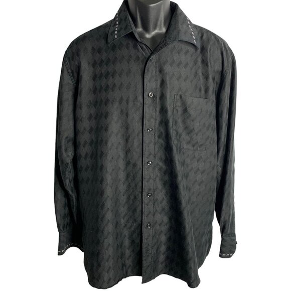 Countess Mara Long Sleeve Button Up Shirt L Black Silky Check Collared Pocket - Picture 1 of 6